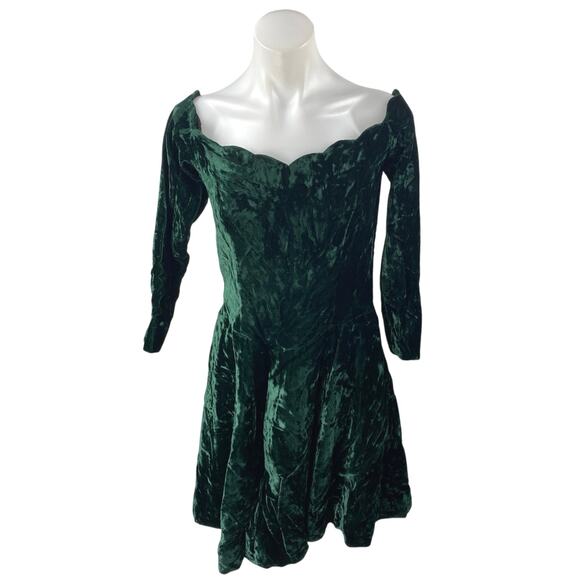Women's Green Velvet Velour Handmade Half Sleeve Scalloped A Line Mini Dress S - Picture 1 of 3